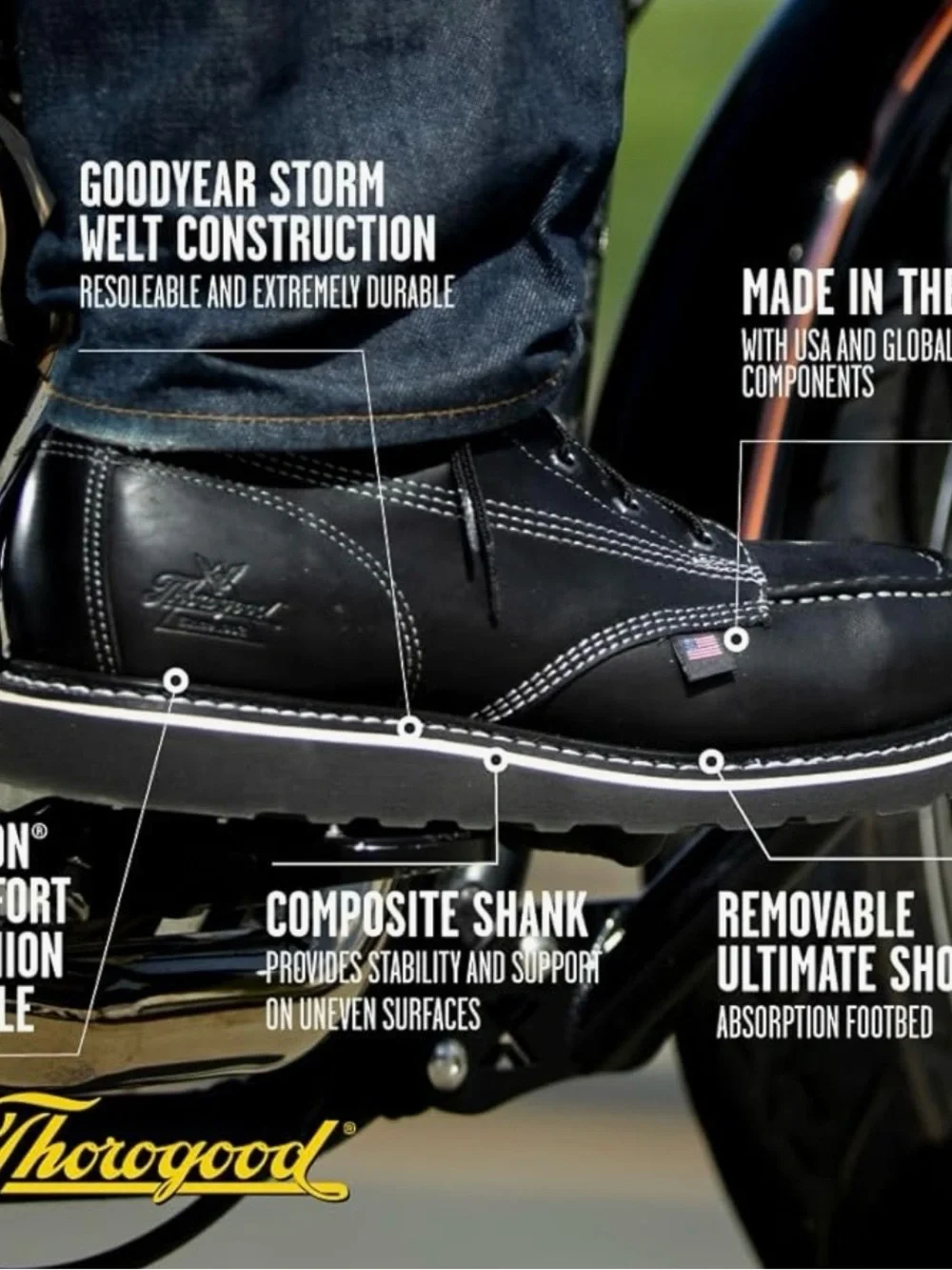 Thorogood American-Made Black Work Boots with Moc Toe and Durable Outsole